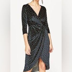 ZARA Basic Collection Green Twisted waist Polka Dot Velvet Midi Dress si…